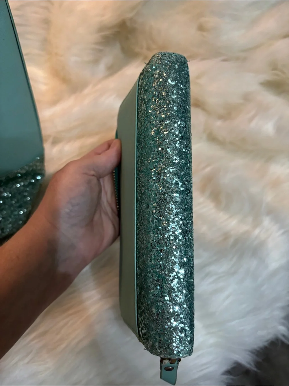 kate spade mint green tote with glitter trim and matching wallet